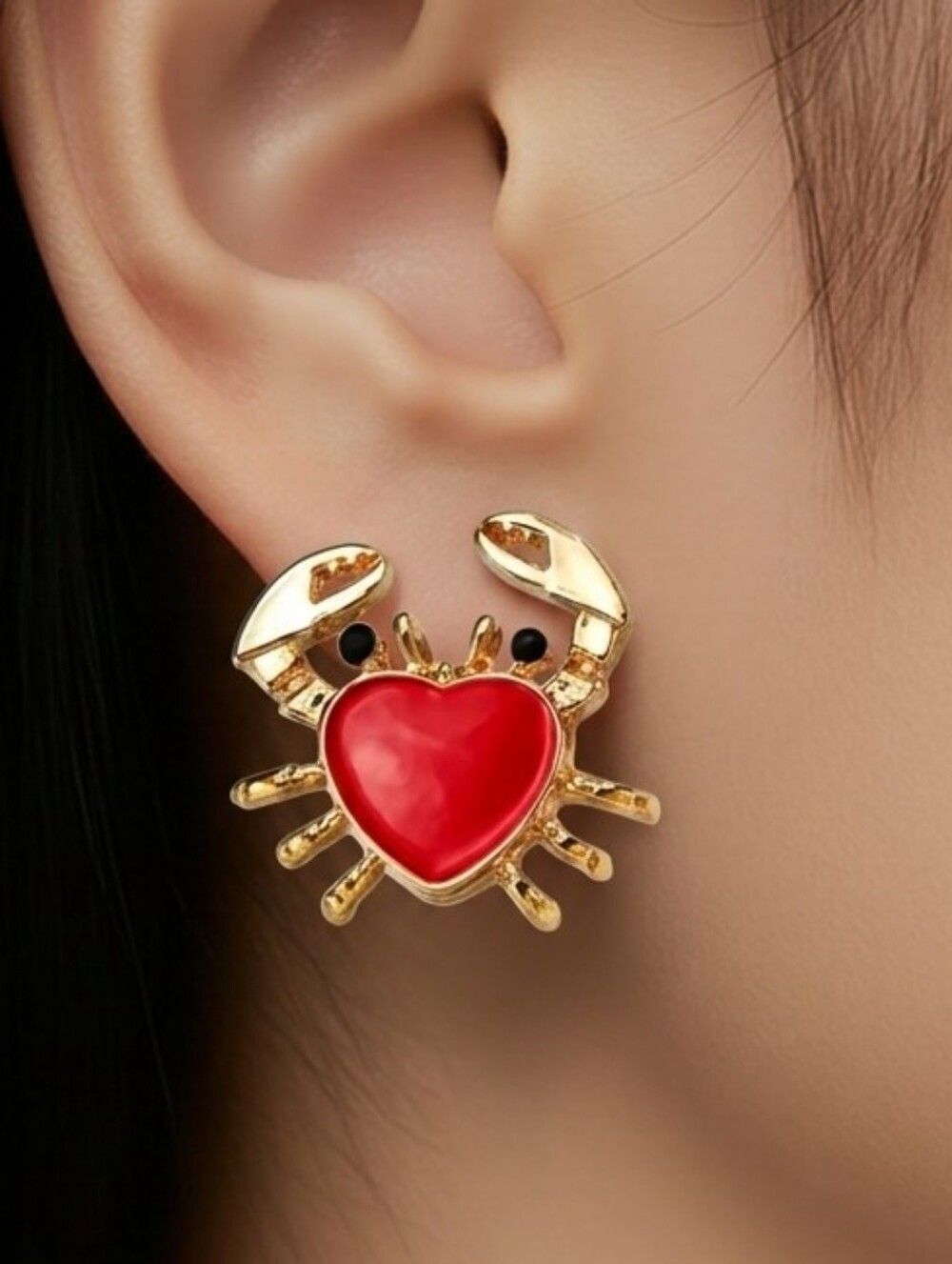 Heart Crab Stud Earrings Red Gold Coastal Beach Nautical Ocean Jewelry Vacation
